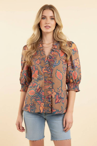 Ruffled Paisley V-Neck Blouse with Smocked Cuffs