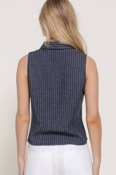 Sleeveless Striped Linen Effect Shirt in Navy