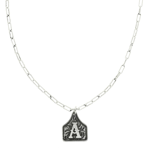 Western Letter Initial Etched Cattle Tag Pendant Necklace