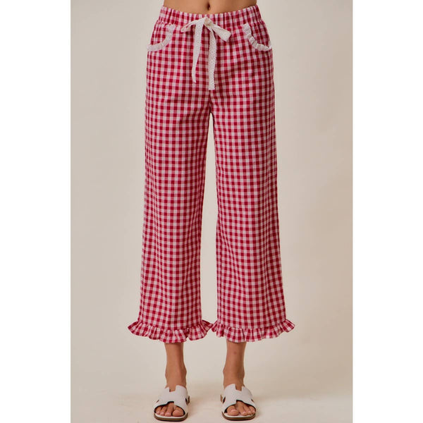 Ruffled Bottom Gingham Pants with Lace Trim in Red