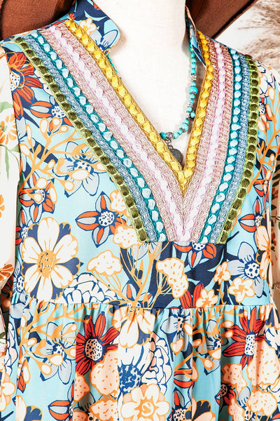 Boho Floral Crochet V Neck Ruffle Layer Dress
