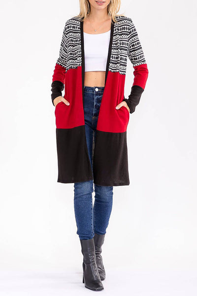 Snowflake Contrast Color Block Long Cardigan