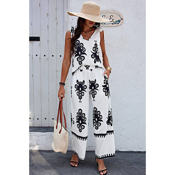Geometric Print Knot Shoulder Pant Set