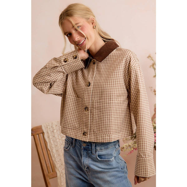 Cropped Gingham Jacket with Corduroy Collar