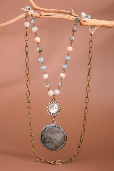 Natural Stone Pendant Beaded Chain Link Necklace