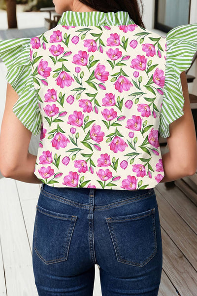 Floral Print Striped Ruffle Trim V Neck Blouse