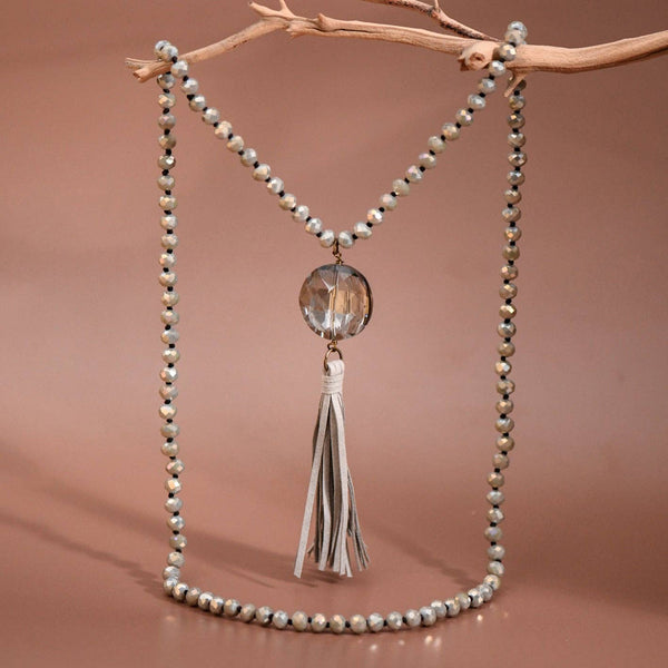 Glass Crystal Pendant Beaded Necklace with Tassel