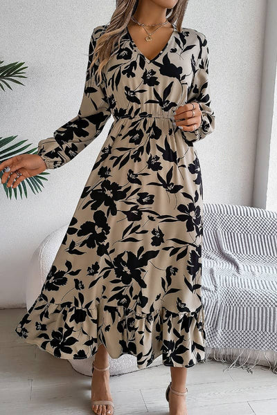 V Neck Muted Floral Dress in Beige and Balck