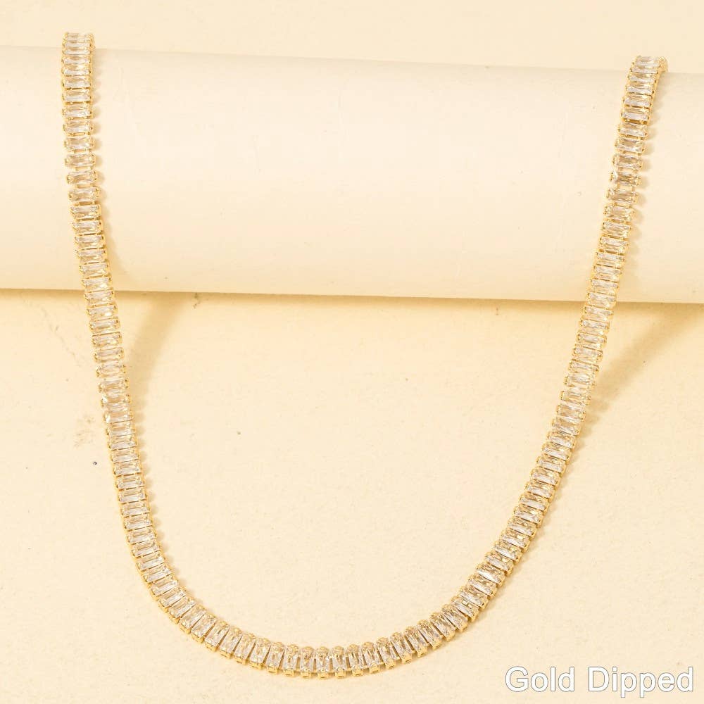 Gold Dipped Cz Baguette Tennis Chain Necklace