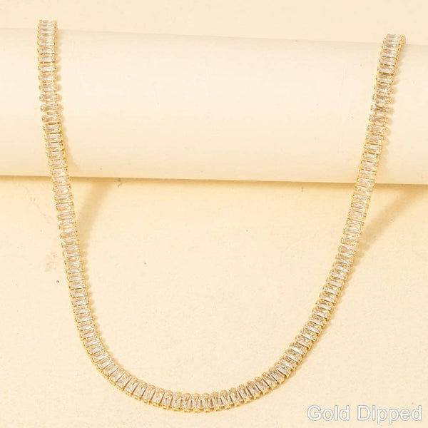 Gold Dipped Cz Baguette Tennis Chain Necklace