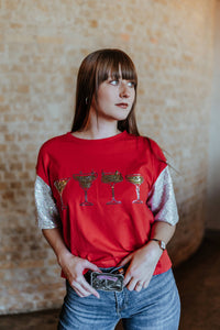 Cocktail Time Tee with Glitter Sleeves in Red