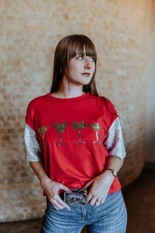 Cocktail Time Tee with Glitter Sleeves in Red