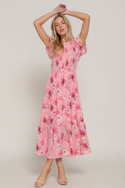 Ruffle Sleeve Smocked Detail Floral Printed Tired Dress