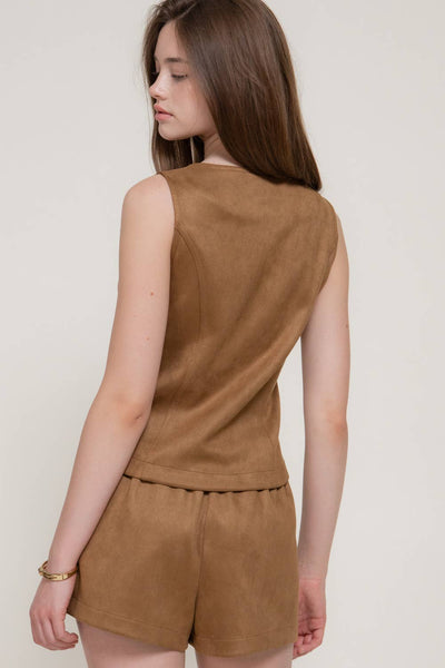 Faux Suede Button Down Vest & Short Set