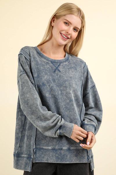 Front Seam Mineral Washed French Terry Oversized Top in Denim