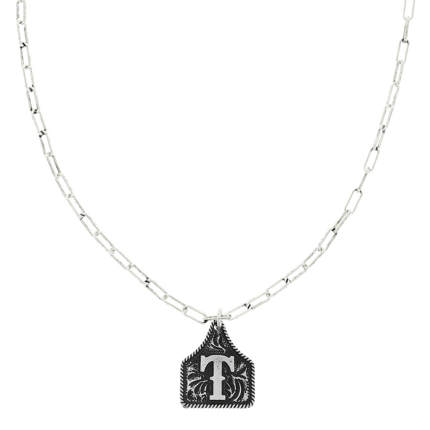 Western Letter Initial Etched Cattle Tag Pendant Necklace