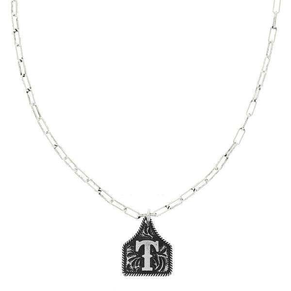 Western Letter Initial Etched Cattle Tag Pendant Necklace
