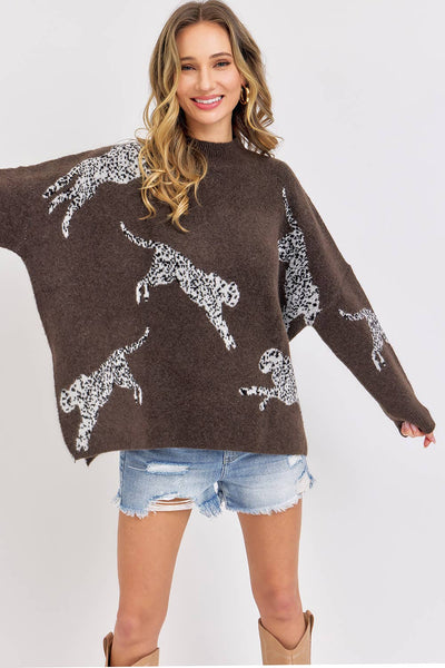 Leopard Patterned Oversized Sweater in Brown