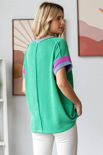 Ribbed Color Block Top in Kelly Green
