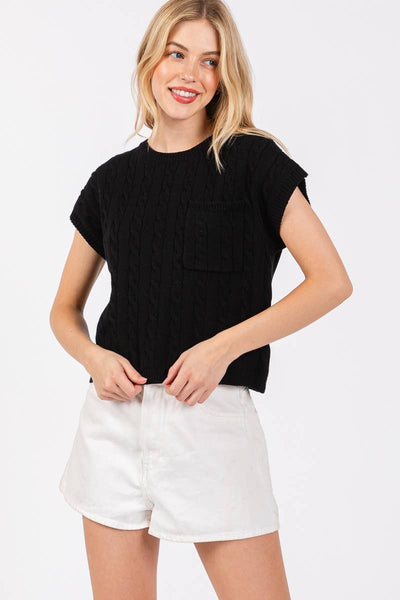 Cable Knit Short Sleeve Sweater in Black