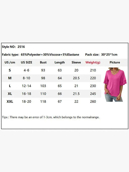 Textured V Neck Ruffle Sleeve Top