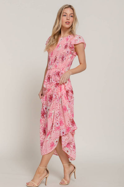 Ruffle Sleeve Smocked Detail Floral Printed Tired Dress