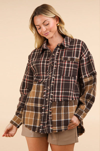 Mixed Plaid Oversized Casual Shacket Jacket