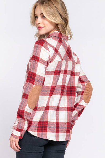 Plaid Shirt with Suede Patch in Red/Ivory