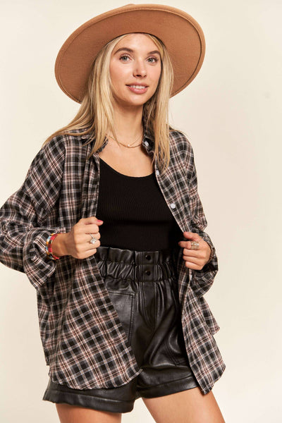 Plaid Tunic Button Down in Black