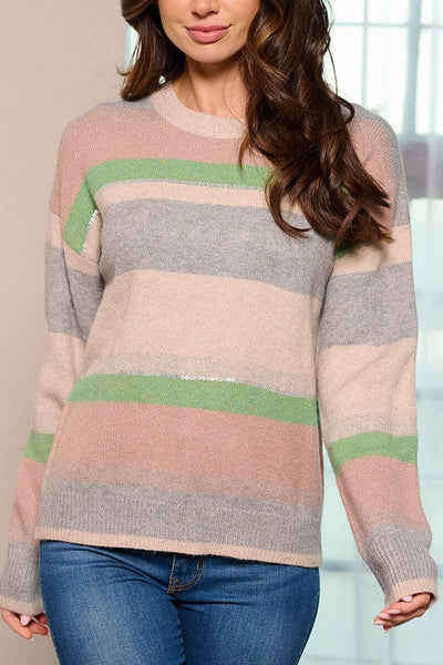 Striped Color Block Sweater with Sequins
