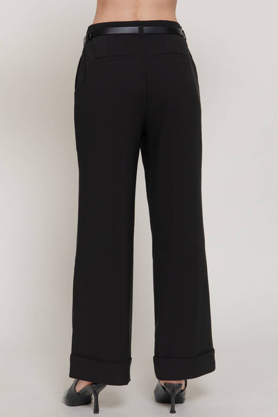 Belted Straight Pants with Cuffed Hem in Black
