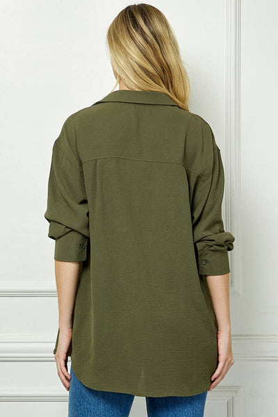 Oversized Boyfriend Button Up Shirt in Olive