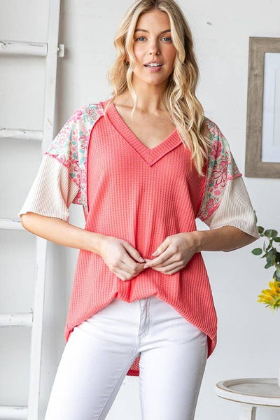 Waffle V Neck Floral Sleeve Top in Coral