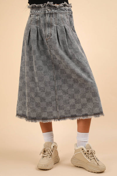 Washed Checkered Denim Midi Skirt