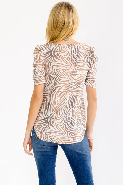 Zebra Puff Sleeve Knit Top in Mocha