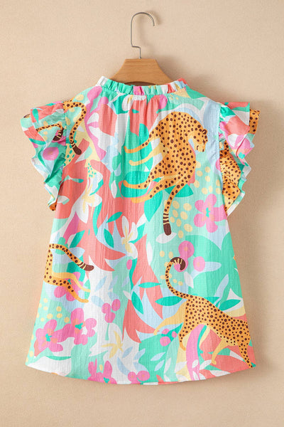 Ruffle Tie Split Neck Floral Top