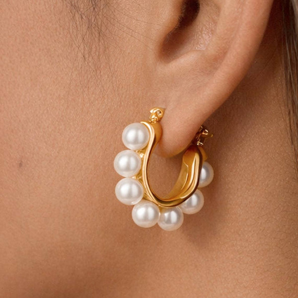 18K Gold Plated Waterproof Stainless Steel Pearl Hoop Earrings