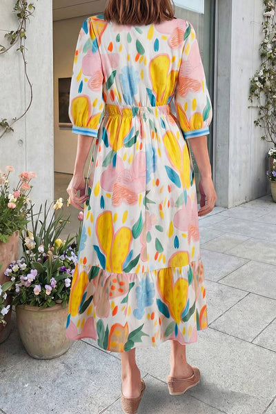 Floral Doodle Print Striped Trim V Neck Midi Dress