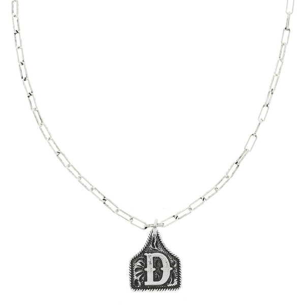 Western Letter Initial Etched Cattle Tag Pendant Necklace