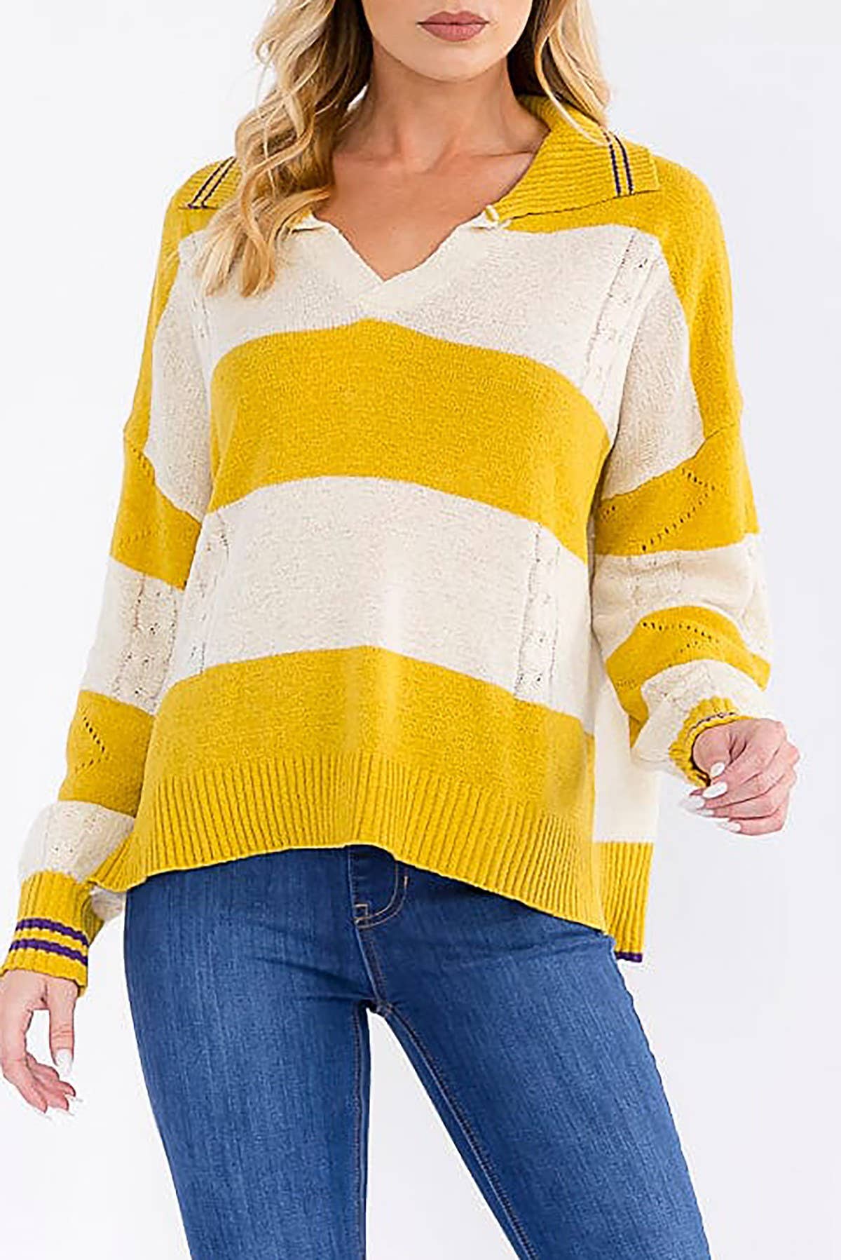 Collared V Neck Striped Sweater in Mustard