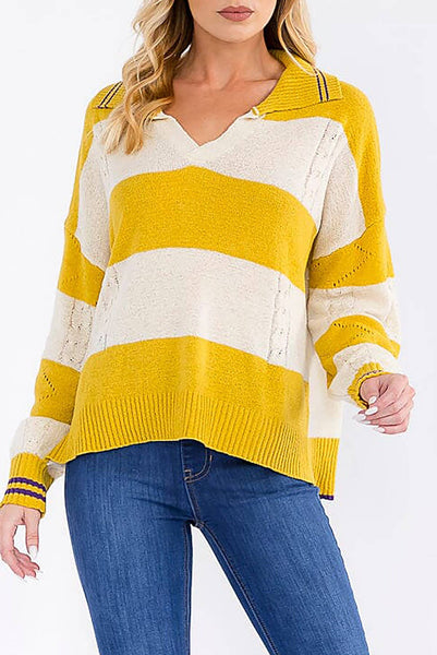 Collared V Neck Striped Sweater in Mustard