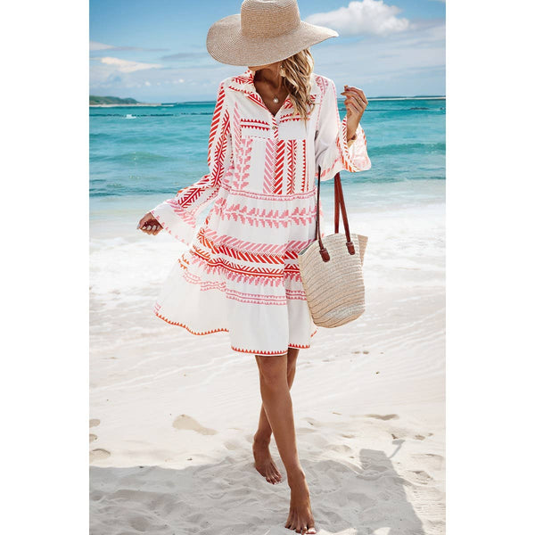 Geometric Printed Bell Ruffle Sleeve Button Dress