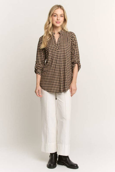 Gingham Checked Three Quarter Sleeve Top