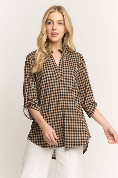 Gingham Checked Three Quarter Sleeve Top