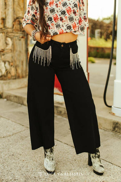 Tummy Control Rhinestone Fringe Crop Wide Leg Jeans