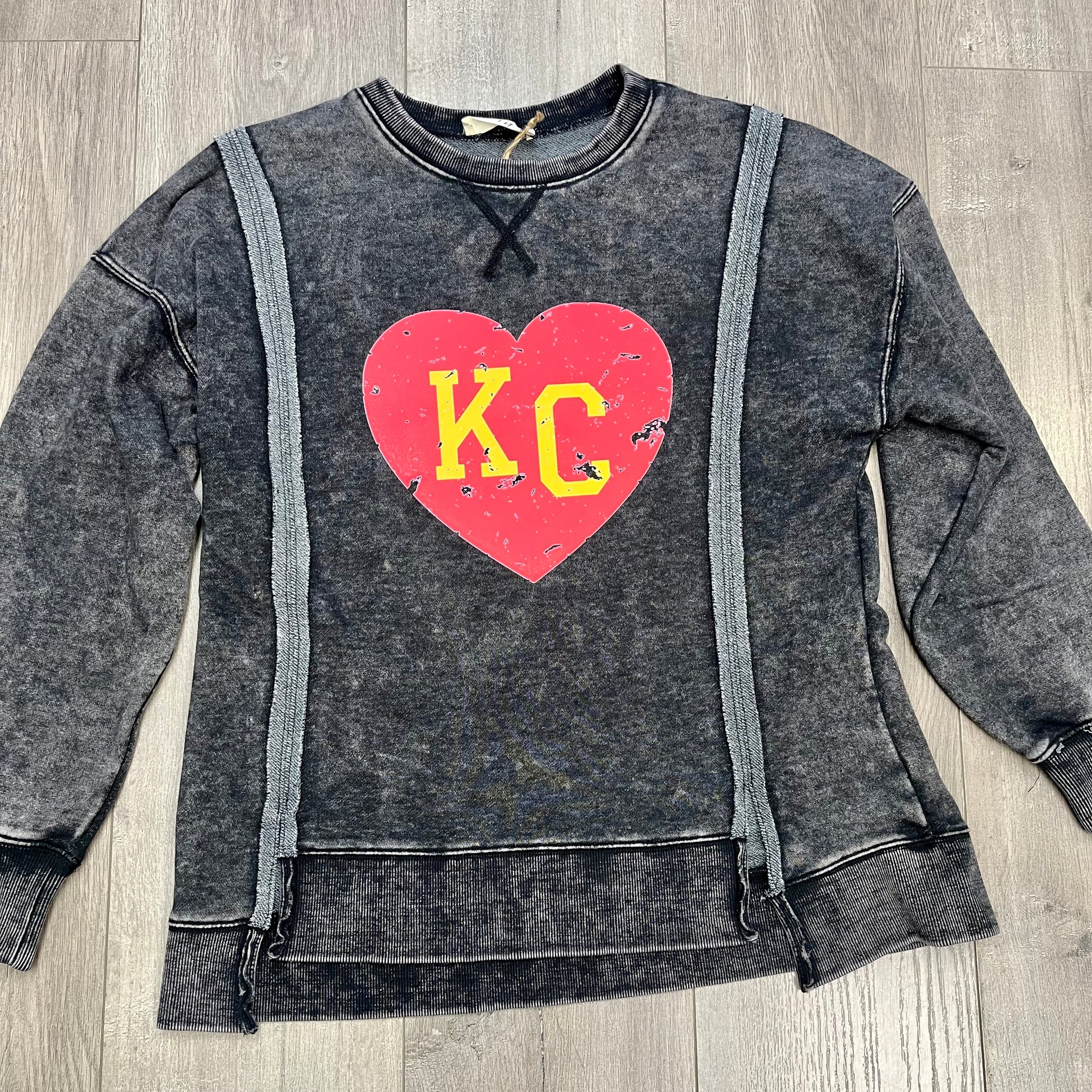 KC Heart Front Seam Mineral Wash French Terry Oversized Top in Washed Black