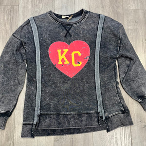 KC Heart Front Seam Mineral Wash French Terry Oversized Top in Washed Black