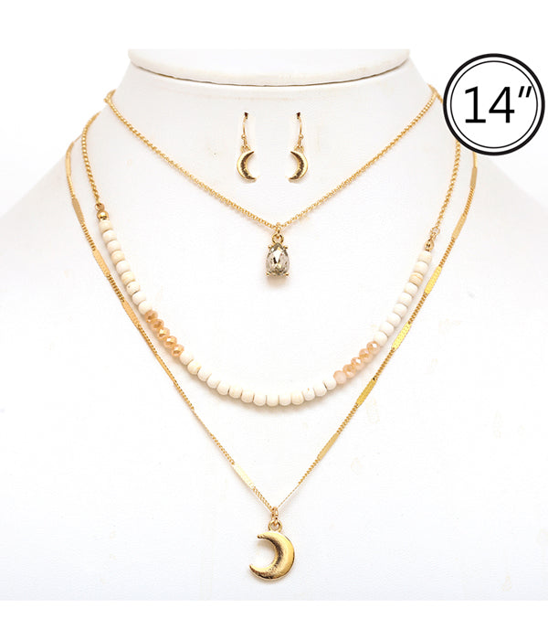 Moon Pendant and Seed Bead Necklace Set