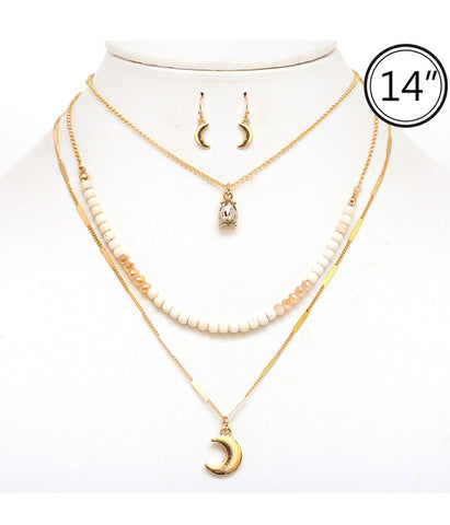 Moon Pendant and Seed Bead Necklace Set