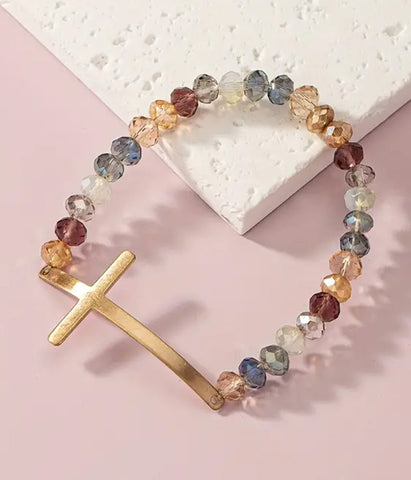 Glass Bead Stretch Bracelet with Cross